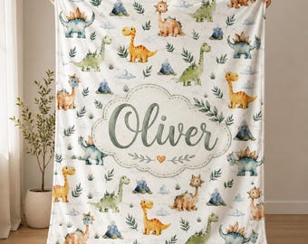 Personalized Velveteen Plush Blanket for Baby Boy, Custom Name Dinosaur Nursery Gift, Dino Baby Shower Keepsake, Newborn Birthday Gift Ideas