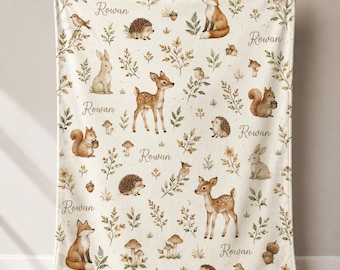 Personalized Woodland Baby Blanket, Custom Name Forest Animal Blanket, Neutral Nursery Decor, Baby Shower Gift, Woodland Keepsake