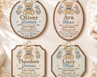 Personalized Baby Birth Stats Embroidery Hoop, Custom Baby Name Sign, Teddy Bear Nursery Decor, Newborn Keepsake Gift, Baby Shower Gift