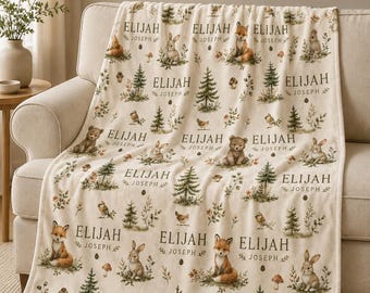 Personalized Woodland Baby Blanket, Custom Name Forest Animal Blanket, Baby Boy Nursery Decor, Fox Bear Bunny Baby Shower Gift