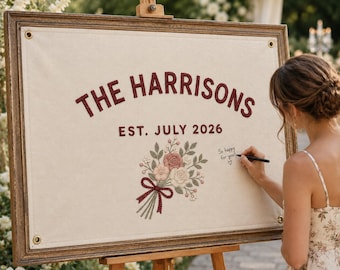 Personalized Embroidered Wedding Guest Book Flag, Custom Family Name Canvas Sign, Floral Bouquet Reception Decor, Wedding Season