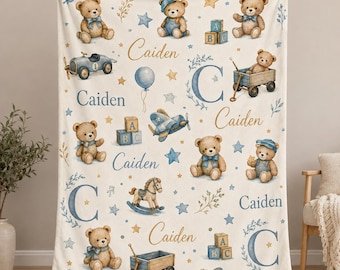 Personalized Teddy Bear Baby Blanket, Custom Name Boy Blanket, Vintage Toy Nursery Decor, Baby Shower Gift, Newborn Keepsake