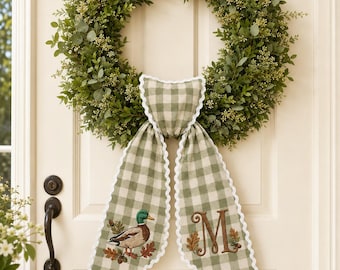 Personalized Duck Wreath Sash, Embroidered Mallard Monogram Bow, Green Buffalo Plaid Door Decor, Custom Initial Hunting Gift