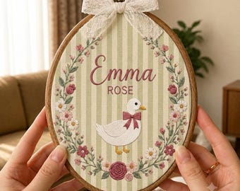 Personalized Baby Girl Ornament, Custom Name Embroidered Duck Keepsake, Floral Nursery Decor, Baby Shower Gift
