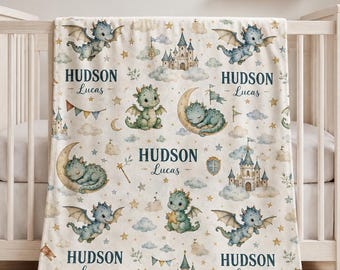 Personalized Dragon Baby Blanket, Custom Name Boy Nursery Blanket, Cute Castle Dragon Decor, Fantasy Baby Shower Gift