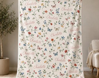 Personalized Velveteen Plush Blanket for Baby Girl, Custom Name Floral Butterfly Nursery Gift, Wildflower Newborn Keepsake, Baby Shower Gift