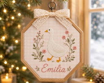 Personalized Goose Ornament, Custom Name Embroidered Floral Nursery Keepsake, Baby Girl First Christmas Gift