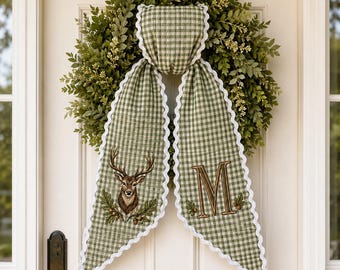 Personalized Deer Wreath Sash, Embroidered Buck Monogram Bow, Green Gingham Door Decor, Custom Initial Hunting Gift