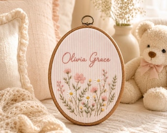 Personalized Baby Name Ornament, Embroidered Wildflower Nursery Keepsake, Custom Floral Baby Girl Gift