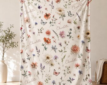 Custom Name Baby Girl Velveteen Plush Blanket, Cottage Garden Floral Throw, Butterfly Meadow Nursery Decor, Newborn Keepsake, Birthday Gifts