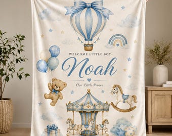 Baby Boy Carousel Velveteen Plush Blanket, Personalized Name Nursery Decor, Hot Air Balloon Newborn Gift, Little Prince Baby Shower Keepsake