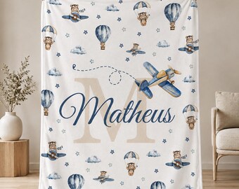 Personalized Velveteen Plush Blanket for Baby Boy, Custom Name Airplane Teddy Bear Nursery Gift, Aviation Baby Shower Keepsake, Newborn Gift