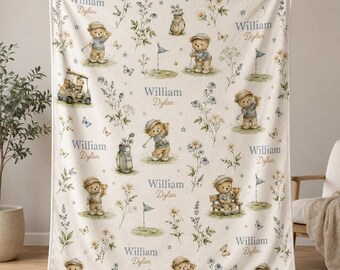 Custom Name Golf Velveteen Plush Blanket for Baby Boy, Teddy Bear Nursery Decor, Little Golfer Newborn Gift, Baby Shower Keepsake, Son Gifts