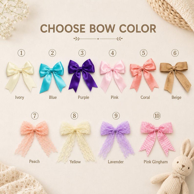May include: A color chart displaying ten fabric bows labeled 1 through 10 with the text CHOOSE BOW COLOR. The bows include satin styles in ivory, blue, purple, pink, coral, and beige, plus lace styles in peach, yellow, lavender, and pink gingham.