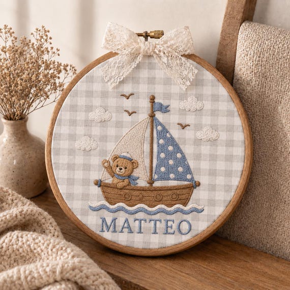 Personalized Baby Boy Ornament, Custom Name Embroidered Sailboat Keepsake, Nautical Teddy Bear Nursery Gift