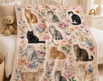 Cat Lover Plush Blanket, Floral Cat Blanket, Cute Kitten Throw, Cottagecore Cat Decor, Gift for Cat Mom, Cozy Pet Lover Blanket