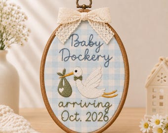 Personalized Pregnancy Announcement Ornament, Baby Coming 2026 Embroidered Stork Keepsake, Expecting Parents Gift