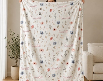 Personalized Floral Baby Blanket, Custom Name Girl Blanket, Watercolor Wildflower Nursery Decor, Baby Shower Gift, Newborn Keepsake
