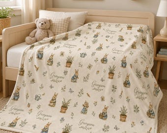 Personalized Bunny Baby Blanket, Custom Name Rabbit Nursery Blanket, Peter Rabbit Style Baby Gift, Garden Baby Shower Gift