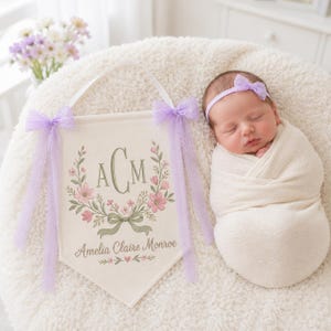 Personalized Embroidered Baby Flag, Triple Initial Floral Nursery Pennant, Custom Name Banner, Baby Girl Shower Gift, Heirloom Decor
