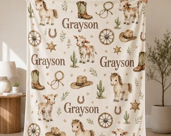 Personalized Cowboy Baby Blanket, Custom Name Western Blanket, Horse Cow Nursery Decor, Baby Boy Shower Gift, Rodeo Nursery Blanket