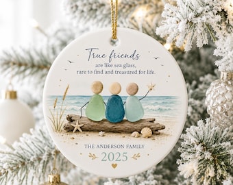 Personalized Friendship Ornament, Sea Glass Best Friend Gift, Coastal Ceramic Ornament, Beach Bestie Keepsake, Christmas Friend Gift