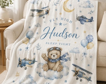 Personalized Airplane Baby Blanket, Custom Name Aviator Blanket, Teddy Bear Nursery Decor, Baby Boy Shower Gift, Pilot Baby Gift