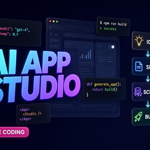 May include: A dark digital graphic featuring the text AI APP STUDIO in large blue and purple gradient letters. Floating code snippets, a software interface, and a vertical flow chart with icons for IDEA, SPEC, SCHEMA, and BUILD are displayed.