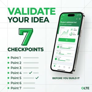 Op de afbeelding: Een smartphone met een groen-witte interface voor een productvalidatietool met een dashboard, grafieken en datapunten. De tekst luidt VALIDATE YOUR IDEA, 7 CHECKPOINTS, BEFORE YOU BUILD IT, en bevat een lijst met zeven punten.