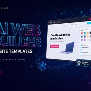 Op de afbeelding: Een digitale afbeelding met de tekst AI WEB BUILDER 15 SITE TEMPLATES op een donkerblauwe achtergrond. Een browservenster toont een website-interface met een laptopicoon, kleurenpaletten en een kleine badge AI assistant ready to work.