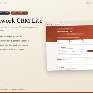 May include: A digital download interactive tool titled Network CRM Lite, presented as a browser-based application. The interface features a dark red header, white input fields for contact management, and a list of features including touch reminders.