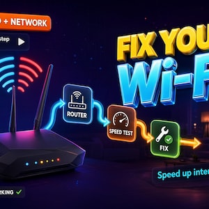 May include: A black wireless router with four antennas and glowing status lights. A diagram shows a flow from the router to a speed test and a fix icon. Text reads: SPEED + NETWORK, Step-by-step guide, FIX YOUR Wi-Fi, 100% WORKING, Speed up internet.