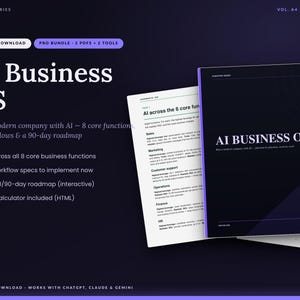 Puede incluir: Una descarga digital titulada AI Business OS, con una portada de color morado oscuro y texto en blanco. El documento detalla 8 funciones empresariales, 20 flujos de trabajo y una hoja de ruta de 90 días. Compatible con ChatGPT, Claude y Gemini.
