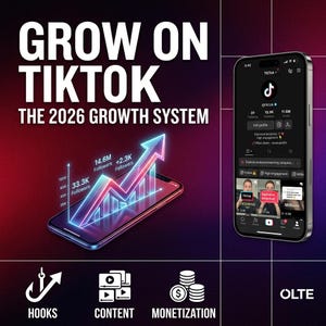 May include: A digital graphic featuring a smartphone displaying a TikTok profile and a glowing neon growth chart with upward arrows. Text reads GROW ON TIKTOK THE 2026 GROWTH SYSTEM. Icons for hooks, content, and monetization are at the bottom.