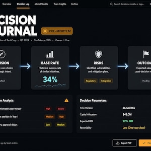 Può includere: Un'interfaccia di dashboard digitale intitolata Decision Journal per un'acquisizione strategica. Presenta un flusso di lavoro con passaggi per Decision, Base Rate al 34%, Risks e Outcome. Sotto ci sono sezioni per Pre-Mortem Analysis e Decision Parameters.