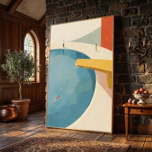 May include: A vertical framed painting depicting a blue swimming pool with a yellow diving board, a cream-colored deck, and a red wall. Three small figures are visible: one swimming in the water and two standing on the deck against a pale sky.
