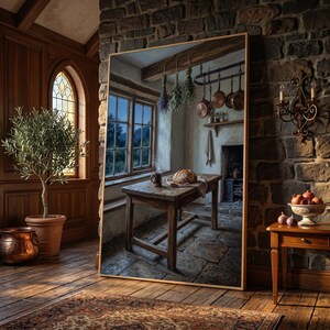 Puede incluir: Un gran espejo rectangular de suelo con un marco de madera fina, que refleja una cocina rústica con una mesa de madera, una hogaza de pan, ollas de cobre colgantes y hierbas secas. El espejo se apoya sobre un suelo de madera junto a un olivo.