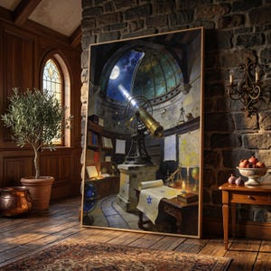 May include: A rectangular framed wall art print depicting an observatory interior with a large brass telescope pointed towards a night sky with a moon and stars, surrounded by bookshelves, maps, globes, and a desk with a lit candle and parchment.