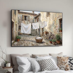 Rustic Courtyard Scene Canvas, Vintage European Alleyway Wall Art, Laundry Day Painting, Cozy Home Decor, Bicycle and Flowers Artwork