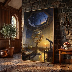 May include: A framed rectangular wall art print depicting an interior observatory scene with a large golden armillary sphere, a telescope, and an open book. The artwork features a domed ceiling showing a night sky with stars and a sunset horizon.