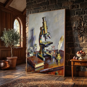 May include: A framed oil painting depicting a vintage brass microscope centered on a wooden table. Beside it are two small glass vials, a leather-bound book, and a white quill pen resting in a brass inkwell, all rendered in vibrant, painterly brushstrokes.