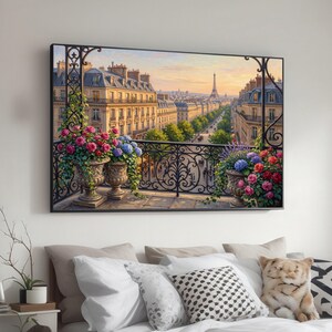 John Singer Sargent Inspired Paris Balcony View Canvas, Eiffel Tower Wall Art, Floral Urban Landscape Painting, Classic Cityscape Decoration