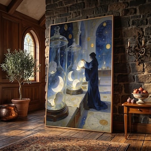 Op de afbeelding: Een rechthoekige wandkunstprint met een figuur in een donkerblauwe mantel in een kamer met grote glazen potten. In de potten bevinden zich gloeiende maansikkels en hemellichamen. De scène bevat sterrenkaarten en een diepblauwe nachtelijke hemel.