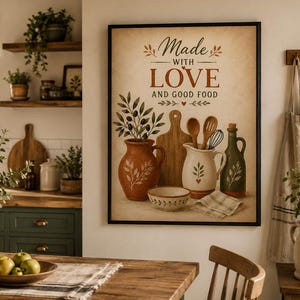 Könnte beinhalten: Ein gerahmtes Wandbild mit dem Text Made WITH LOVE AND GOOD FOOD. Die Illustration zeigt einen Terrakotta-Krug mit Olivenzweigen, ein hölzernes Schneidebrett, einen weißen Keramikkrug mit Küchenutensilien und eine grüne Flasche.