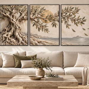 May include: A triptych wall art set featuring a textured relief of an olive tree with gnarled roots, a golden sun over a coastal landscape, and olive branches hanging over the sea. The artwork is displayed in black frames above a beige sofa.