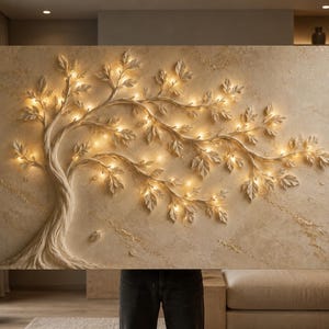 May include: A rectangular wall art piece featuring a three-dimensional sculpted tree with textured bark and leaves. The artwork is finished in a neutral beige tone and is illuminated by integrated warm white LED lights nestled among the branches.