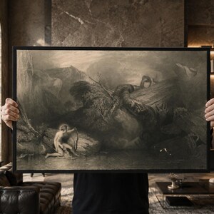 Cuadro de pared en lienzo de JMW Turner: Apolo y Pitón, mitología griega, estilo vintage, enmarcado. Grabado de Apolo matando a la pitón.