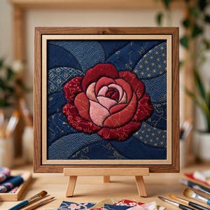 May include: A square framed fabric art piece featuring a central rose with layered petals in shades of deep red and soft pink. The background consists of dark blue fabric segments with gold-toned geometric patterns, all encased in a wooden frame.