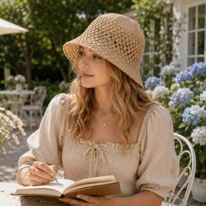 Straw Weave Bucket Hat, Hollow-Out Fisherman Style, Floppy Wide Brim (Foldable)