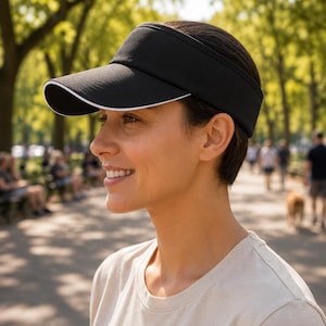 May include: A black visor featuring a curved brim with a thin white trim along the edge. The visor has a solid black crown band that wraps around the head, providing a simple and functional design for sun protection while maintaining a clean look.